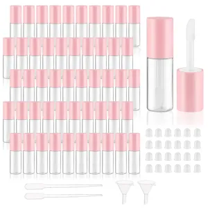 50Pcs 3ml Empty Lip Gloss Tubes with Brush Refillable Cute Lip Balm Bottles Bulk Transparent Cosmetic Sample Containers for DIY Lipstick Eyelash Growth Liquid,Pink Cap