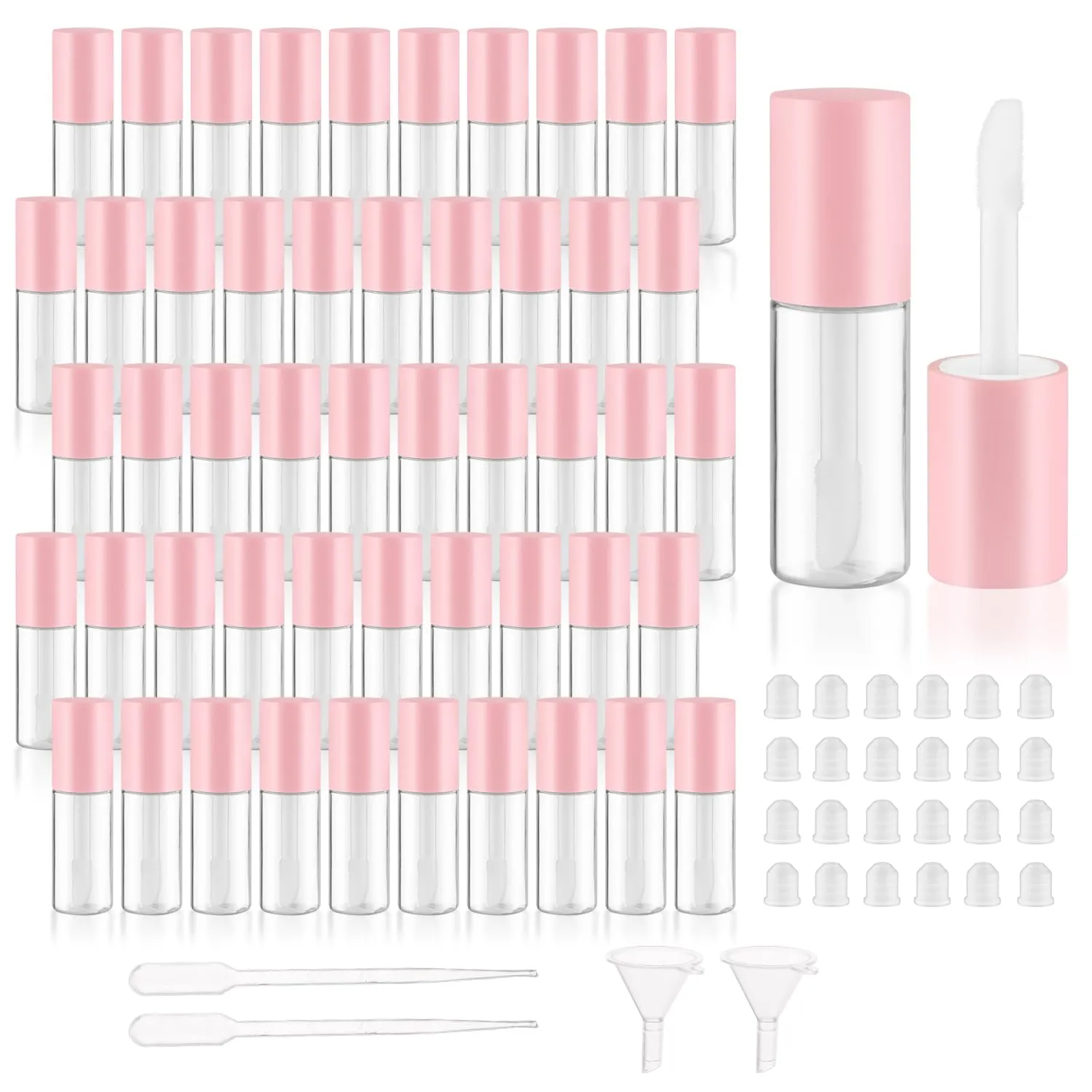 50Pcs 3ml Empty Lip Gloss Tubes with Brush Refillable Cute Lip Balm Bottles Bulk Transparent Cosmetic Sample Containers for DIY Lipstick Eyelash Growth Liquid,Pink Cap