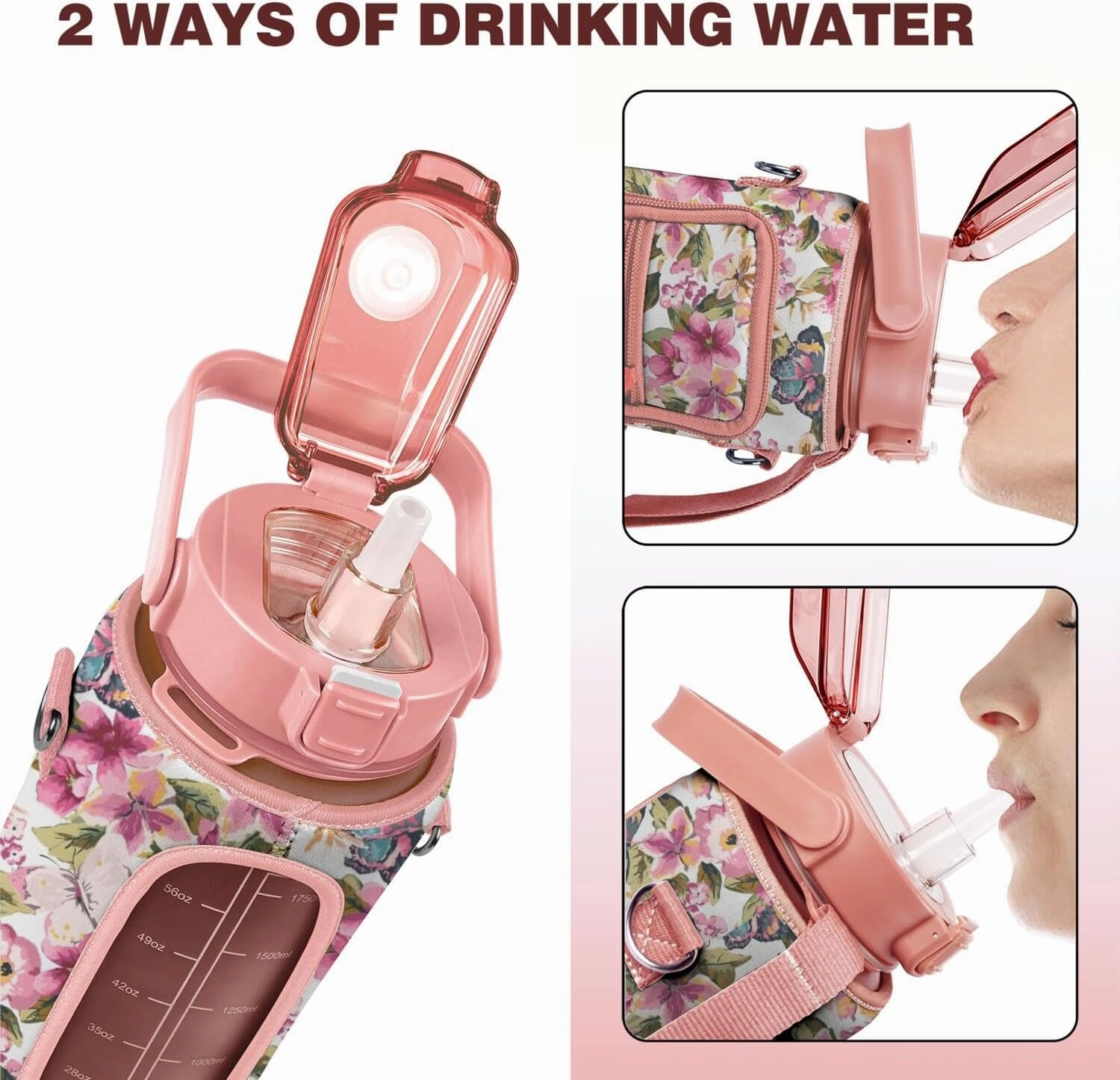 64oz Water Bottle Holder with Adjustable Strap, Leak-Proof Insulated Floral Sleeve with Transparent Window and Front Pocket, Lightweight Crossbody Bag for Teens, Women, School, Travel