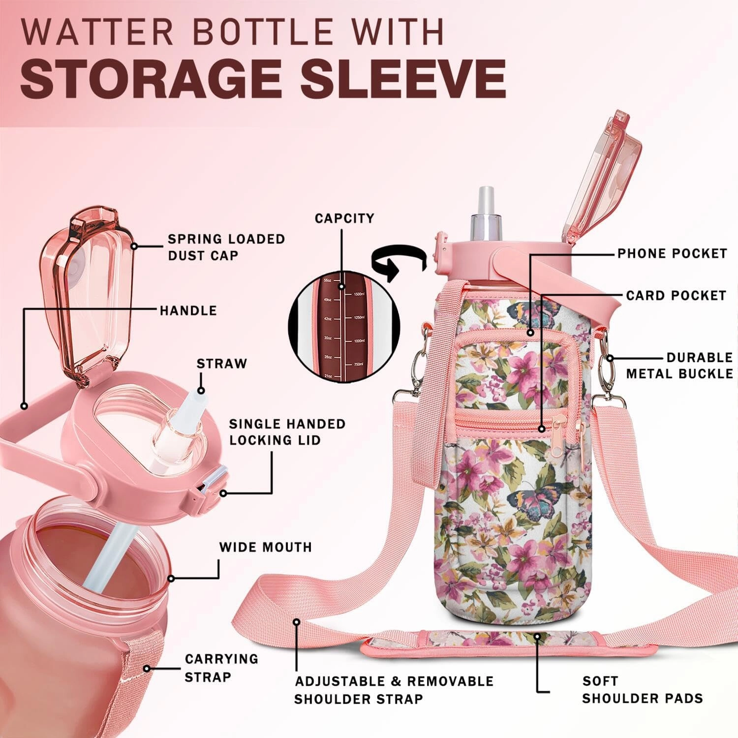 64oz Water Bottle Holder with Adjustable Strap, Leak-Proof Insulated Floral Sleeve with Transparent Window and Front Pocket, Lightweight Crossbody Bag for Teens, Women, School, Travel