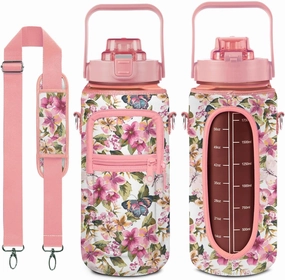 64oz Water Bottle Holder with Adjustable Strap, Leak-Proof Insulated Floral Sleeve with Transparent Window and Front Pocket, Lightweight Crossbody Bag for Teens, Women, School, Travel