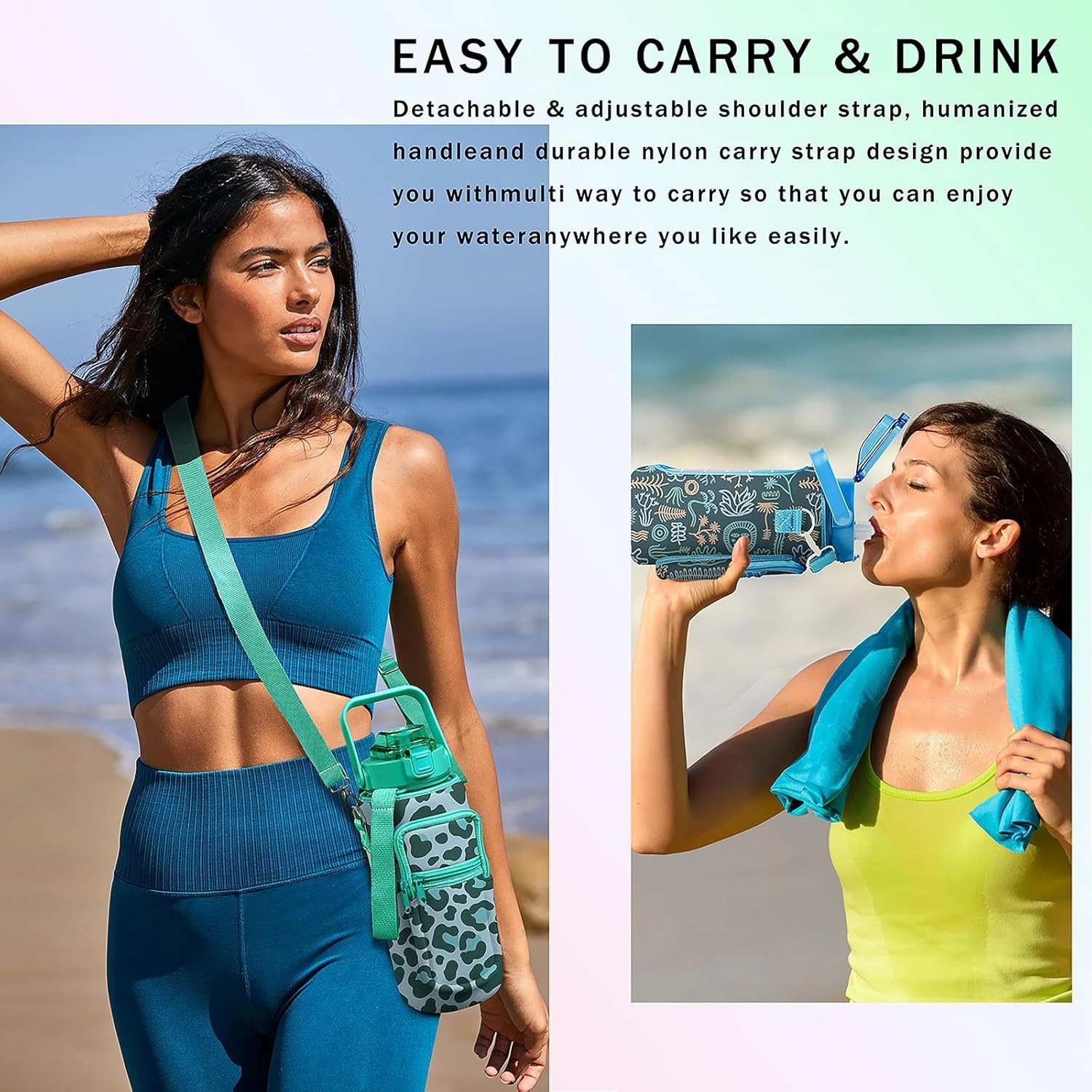 64oz Water Bottle Holder with Adjustable Strap, Leak-Proof Insulated Floral Sleeve with Transparent Window and Front Pocket, Lightweight Crossbody Bag for Teens, Women, School, Travel