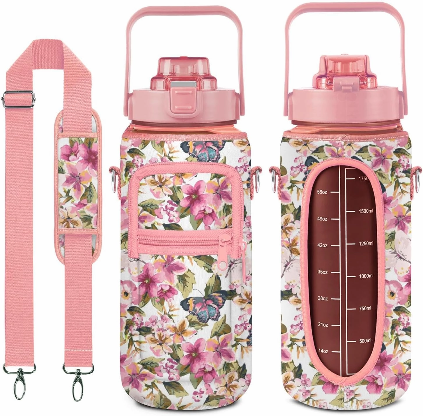 64oz Water Bottle Holder with Adjustable Strap, Leak-Proof Insulated Floral Sleeve with Transparent Window and Front Pocket, Lightweight Crossbody Bag for Teens, Women, School, Travel