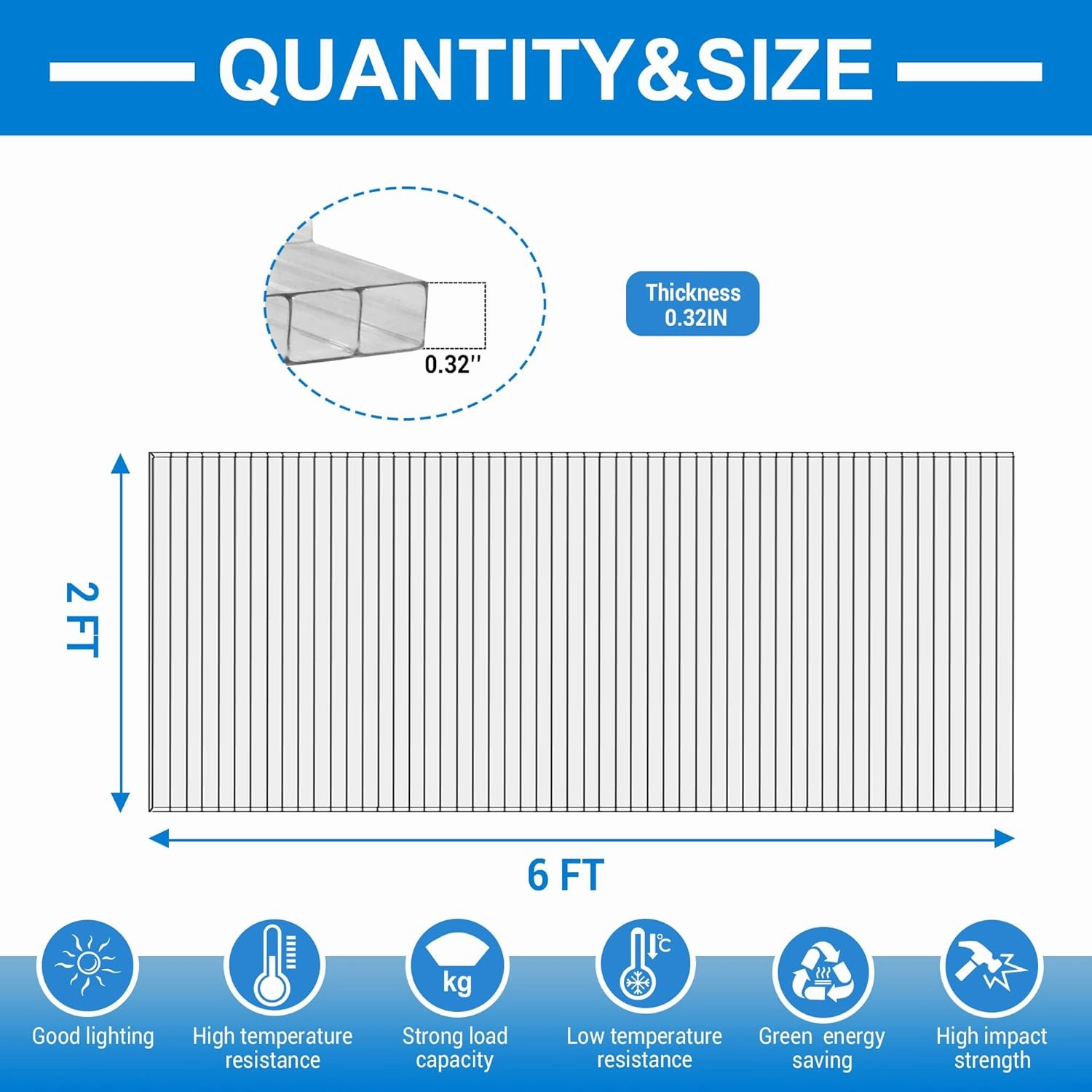 6 PCS 2' x 6' x 0.32'' Polycarbonate Greenhouse Panels, Double Layer Polycarbonate Panels, Outdoor Waterproof, UV Protected, Impact Resistance Clear Sheets, for Garden and Greenhouse