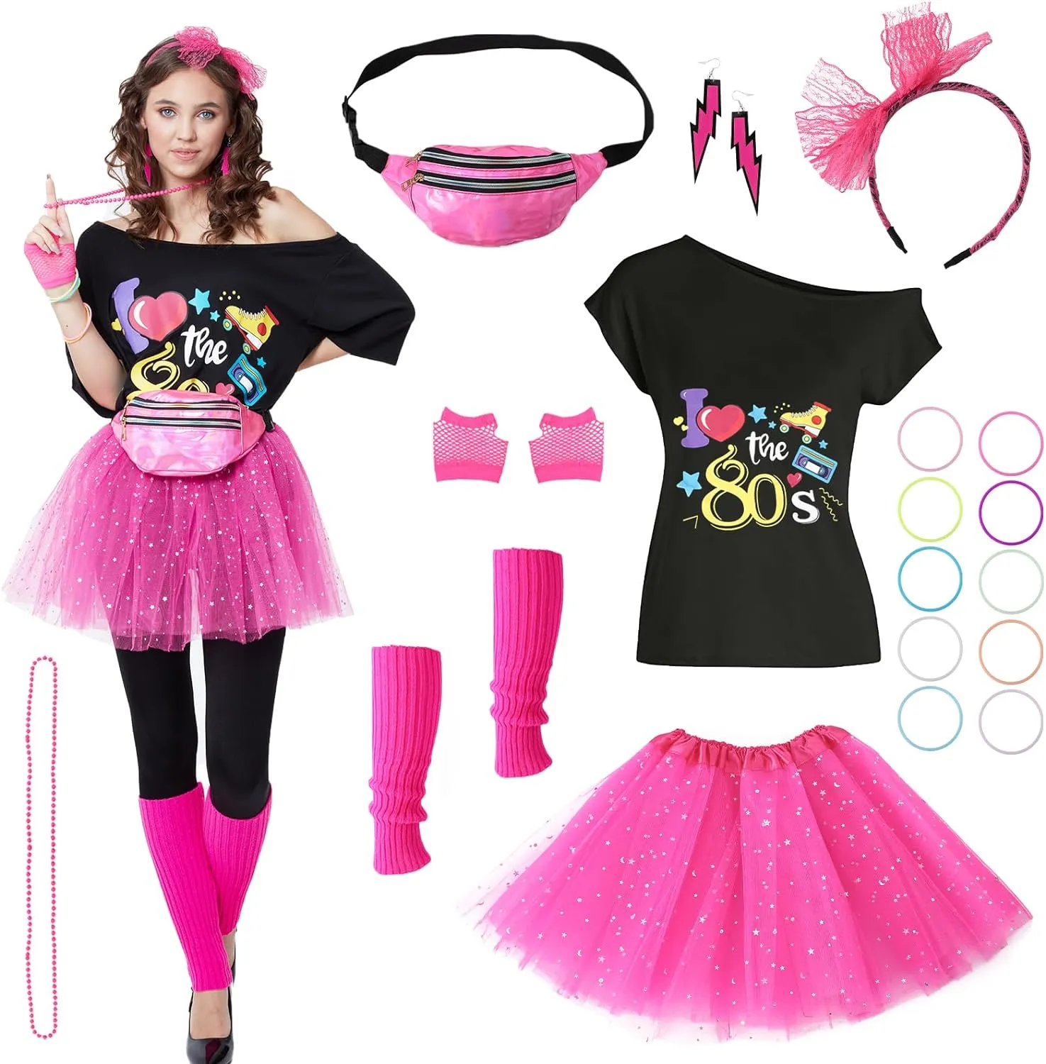 80s Outfits Costume Accessories for Women -T-Shirt, Fanny Pack, Tutu Skirt & More for Halloween, Birthday Parties