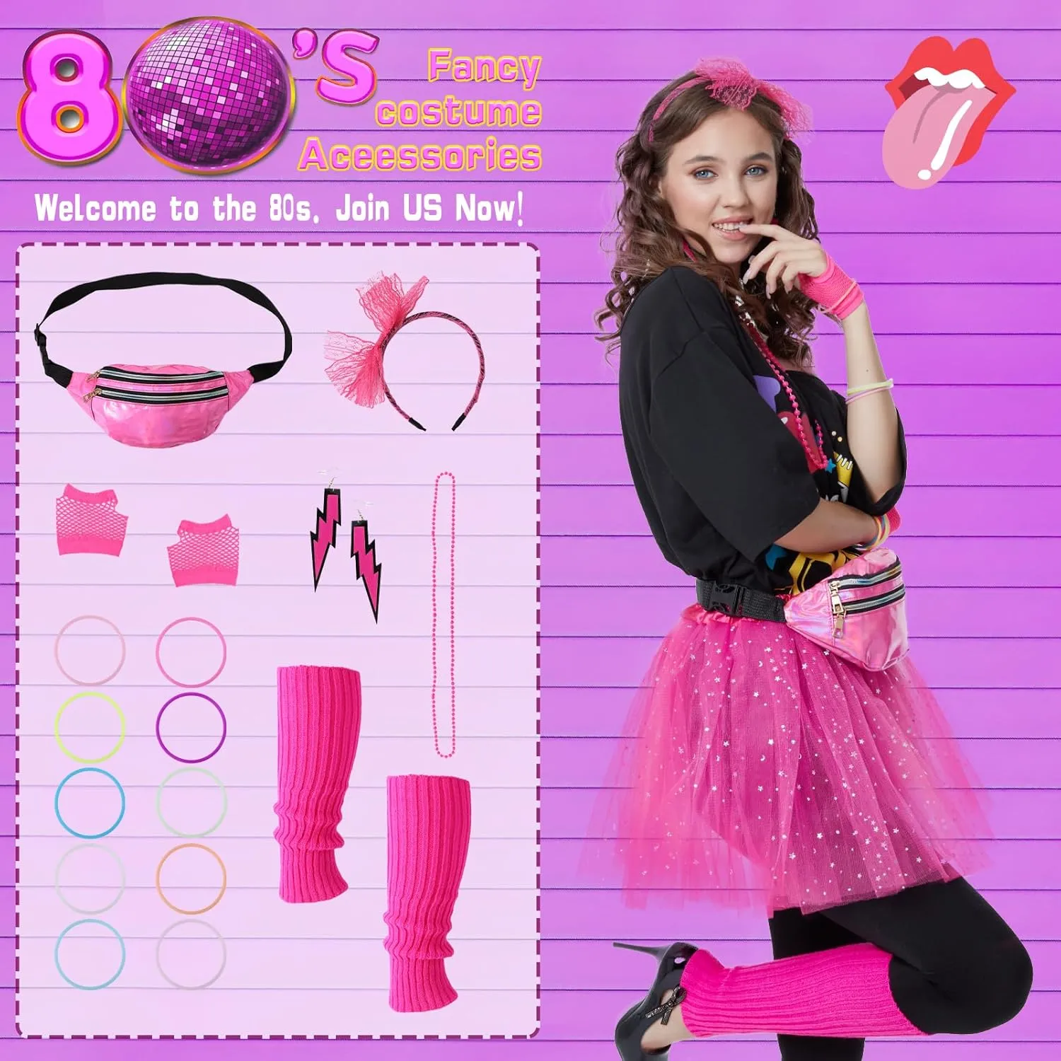 80s Outfits Costume Accessories for Women -T-Shirt, Fanny Pack, Tutu Skirt & More for Halloween, Birthday Parties