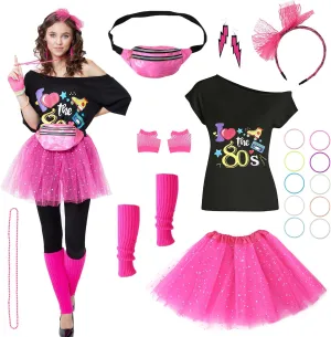 80s Outfits Costume Accessories for Women -T-Shirt, Fanny Pack, Tutu Skirt & More for Halloween, Birthday Parties