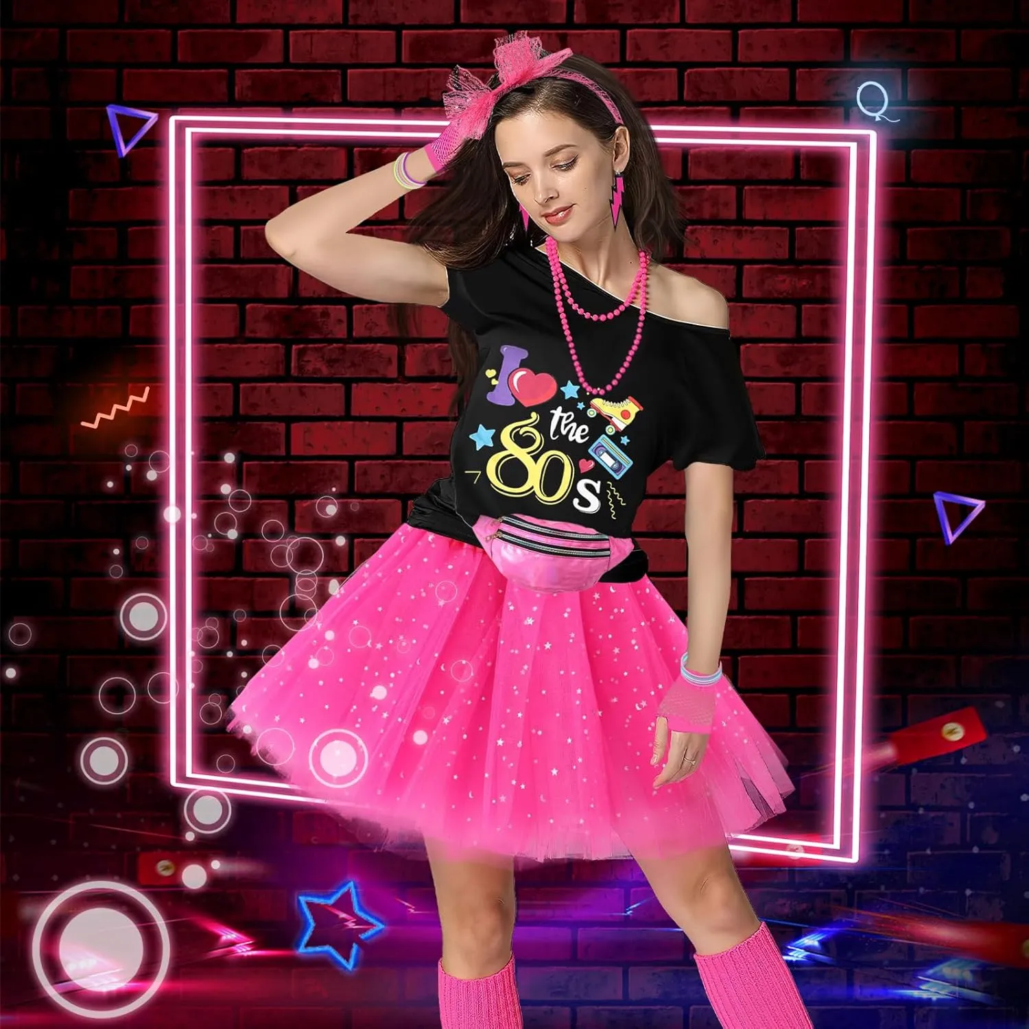 80s Outfits Costume Accessories for Women -T-Shirt, Fanny Pack, Tutu Skirt & More for Halloween, Birthday Parties