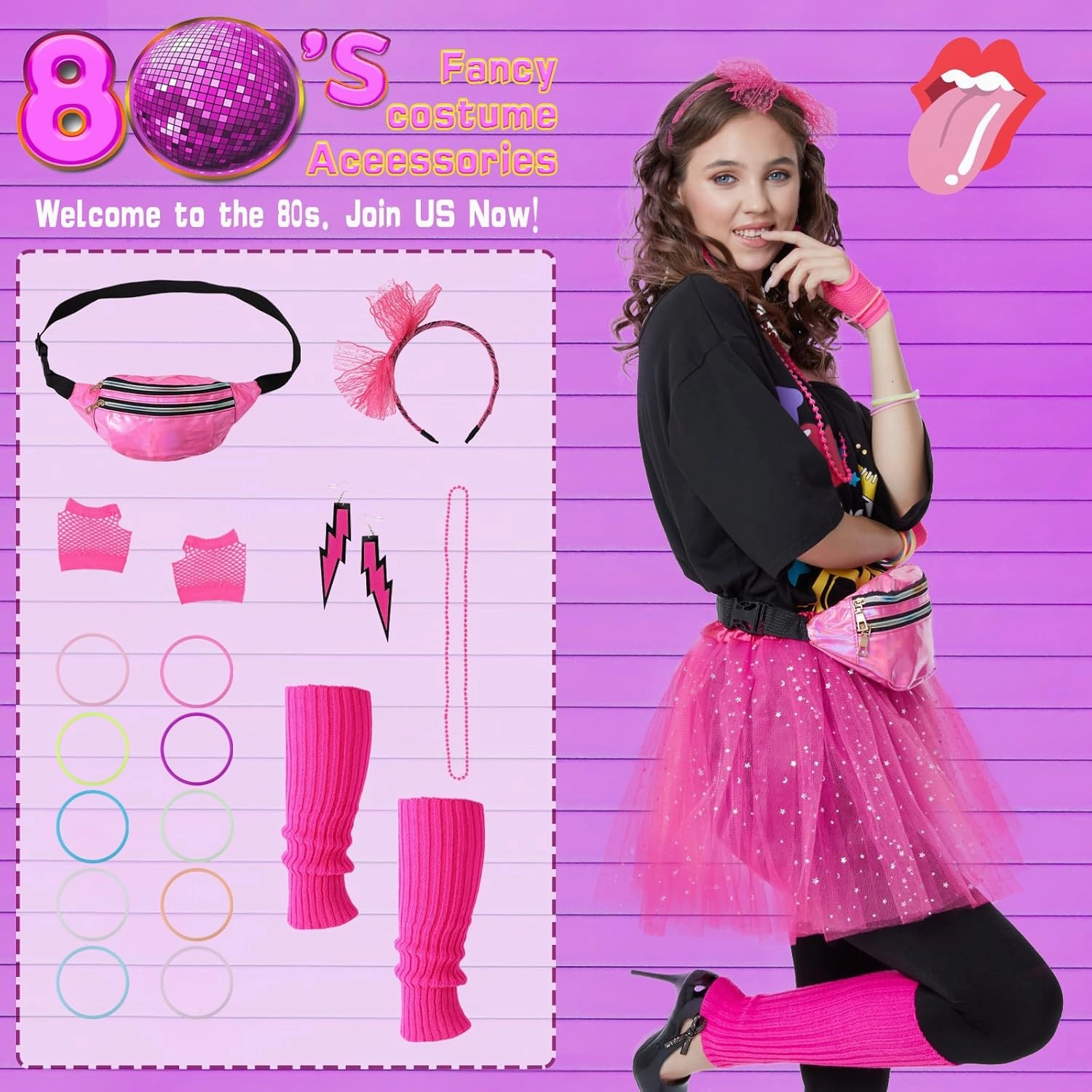 80s Outfits Costume Accessories for Women -T-Shirt, Fanny Pack, Tutu Skirt & More for Halloween, Birthday Parties