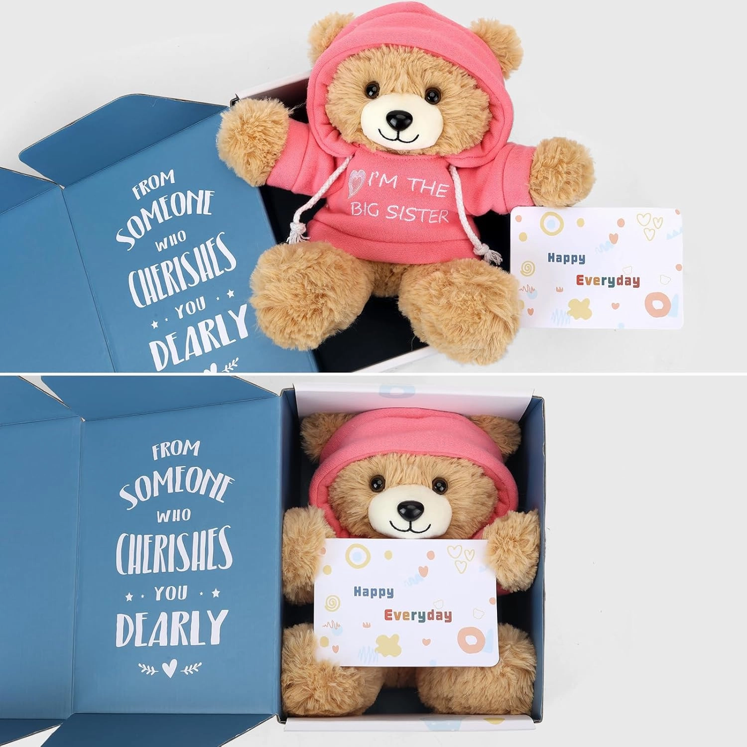“I’m The Big Sister” Teddy Bear Stuffed Animal with Gift Box Removable Pink Hoodie, Big Sister Gifts for Girls Who Promoted to Big Sister with Beautiful Greeting Card