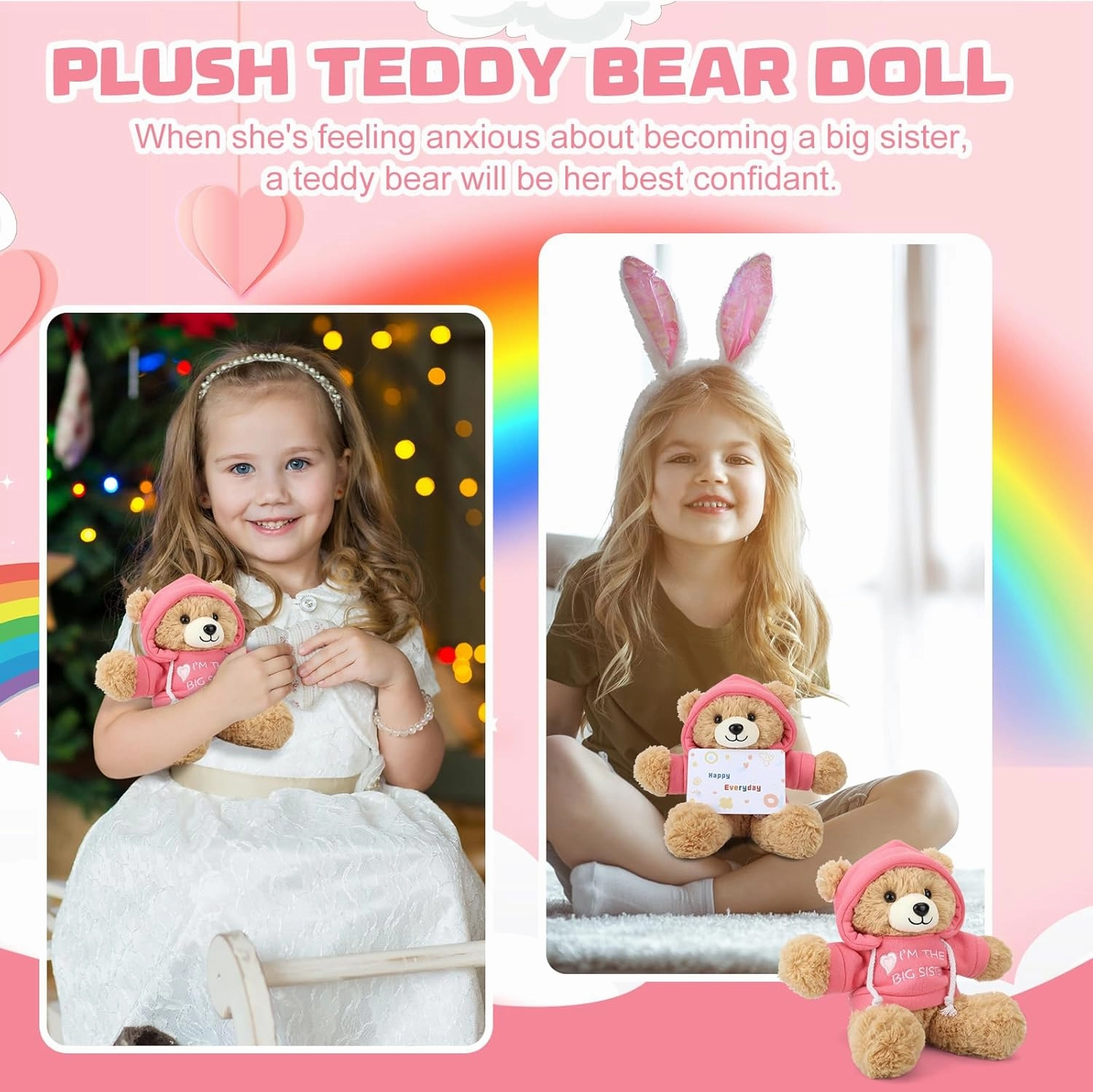 “I’m The Big Sister” Teddy Bear Stuffed Animal with Gift Box Removable Pink Hoodie, Big Sister Gifts for Girls Who Promoted to Big Sister with Beautiful Greeting Card