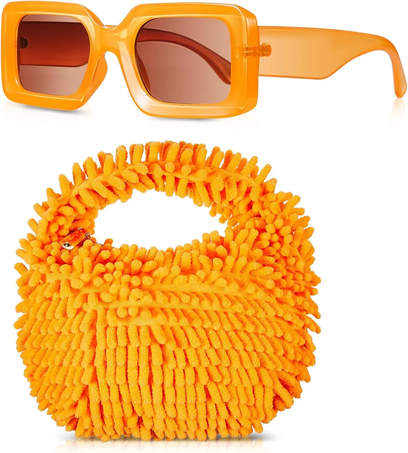 Abbylike Y2k Fuzzy Orange Purse and Orange Sunglasses for Women Cute Plush Fluffy Tote Bag 90s Square Retro Sunglasses Fuzzy Purse for Women