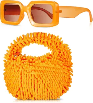 Abbylike Y2k Fuzzy Orange Purse and Orange Sunglasses for Women Cute Plush Fluffy Tote Bag 90s Square Retro Sunglasses Fuzzy Purse for Women