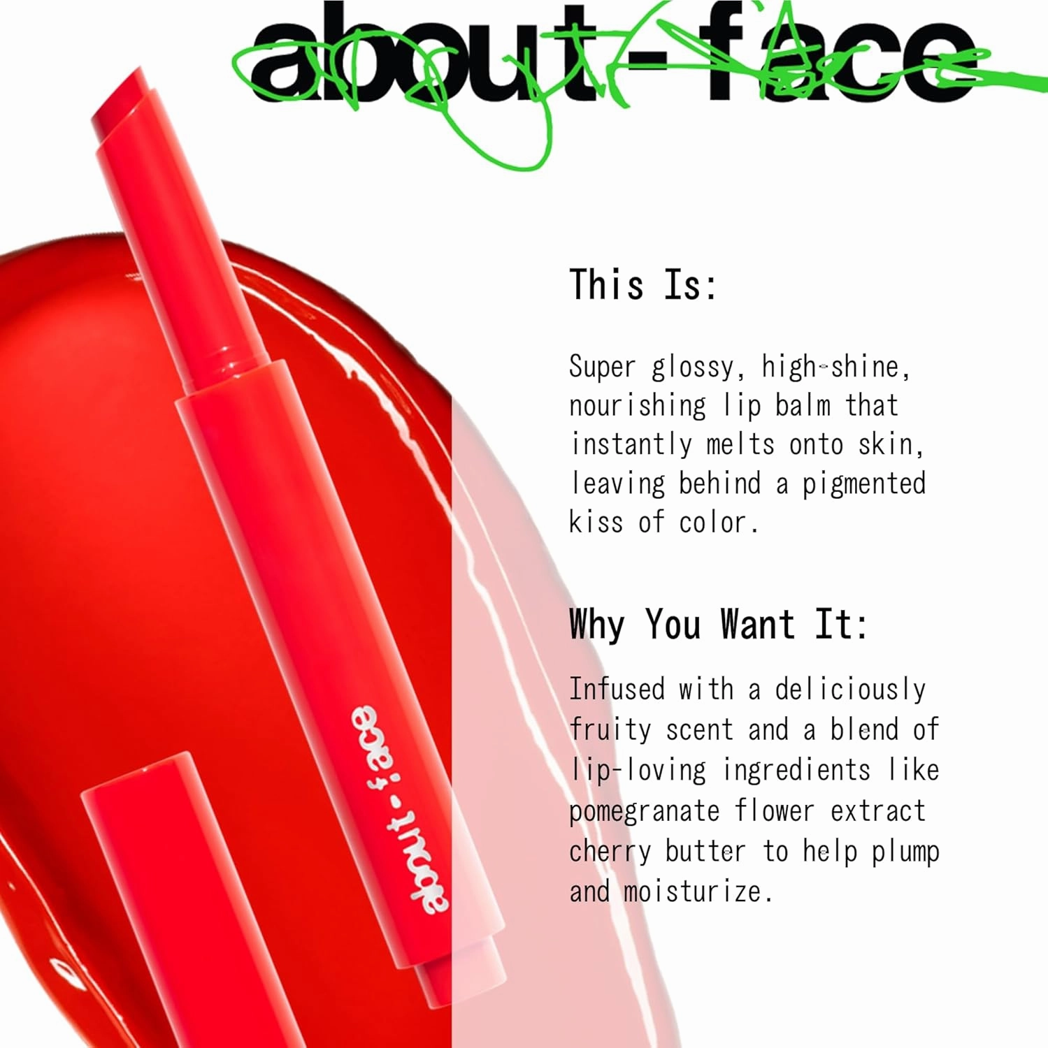 about-face Cherry Pick Lip Color Butter – High-Shine, Hydrating Lip Balm with Pomegranate Flower Extract & Cherry Butter – Vegan, Cruelty-Free, Clean Beauty – 0.06 oz (Orange Daze – Red Orange)