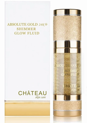 ABSOLUTE GOLD 24K SHIMMER GLOW FLUID, 24 Karat Gold, SILK PEPTIDES and HYALURONIC Acid. Excellent for all skin types. 1 fl.oz-30 ml