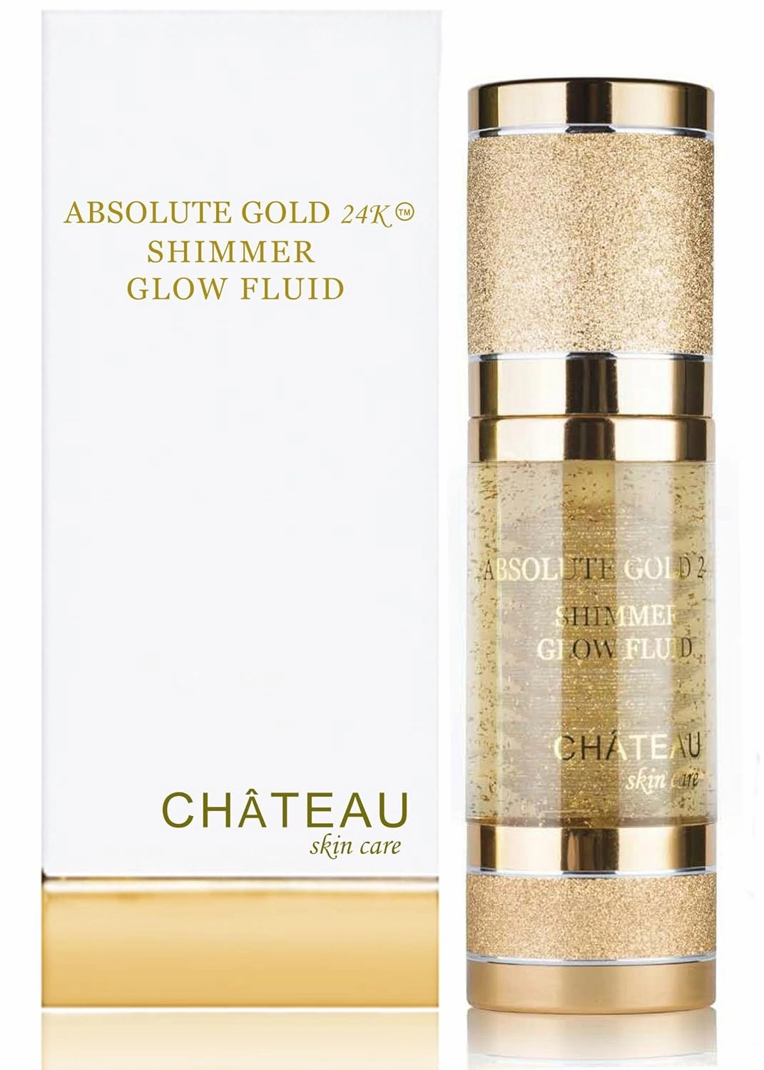 ABSOLUTE GOLD 24K SHIMMER GLOW FLUID, 24 Karat Gold, SILK PEPTIDES and HYALURONIC Acid. Excellent for all skin types. 1 fl.oz-30 ml