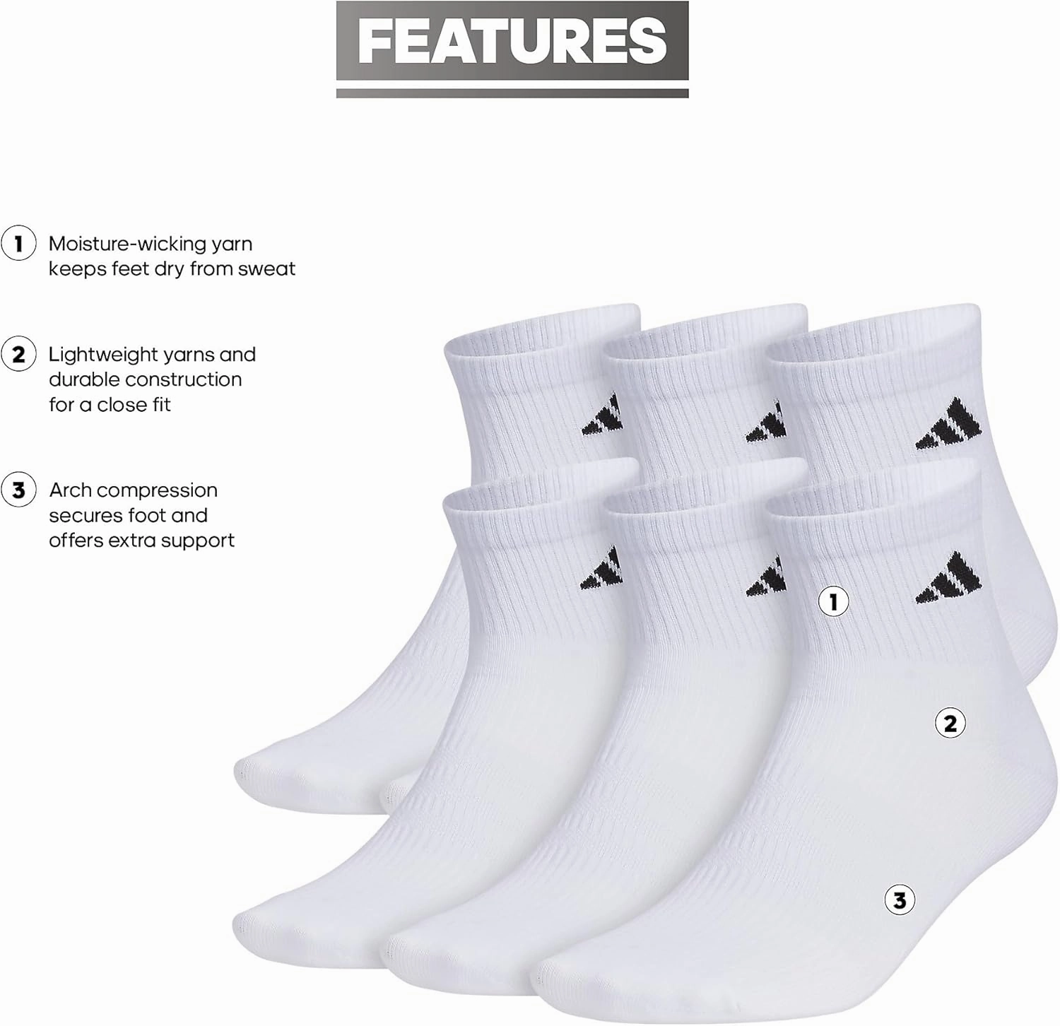 adidas Men's Superlite Quarter Socks 6-Pack, Durable, Lightweight, Athletic Breathable with Compression Arch Support