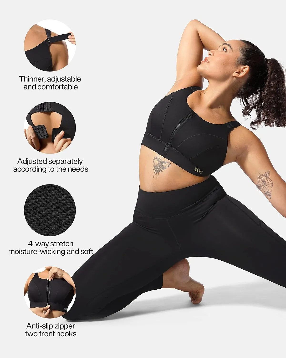 Adjustable High Impact Sports Bras for Women Zip Front Full Coverage and Lift Padded Compression Tops