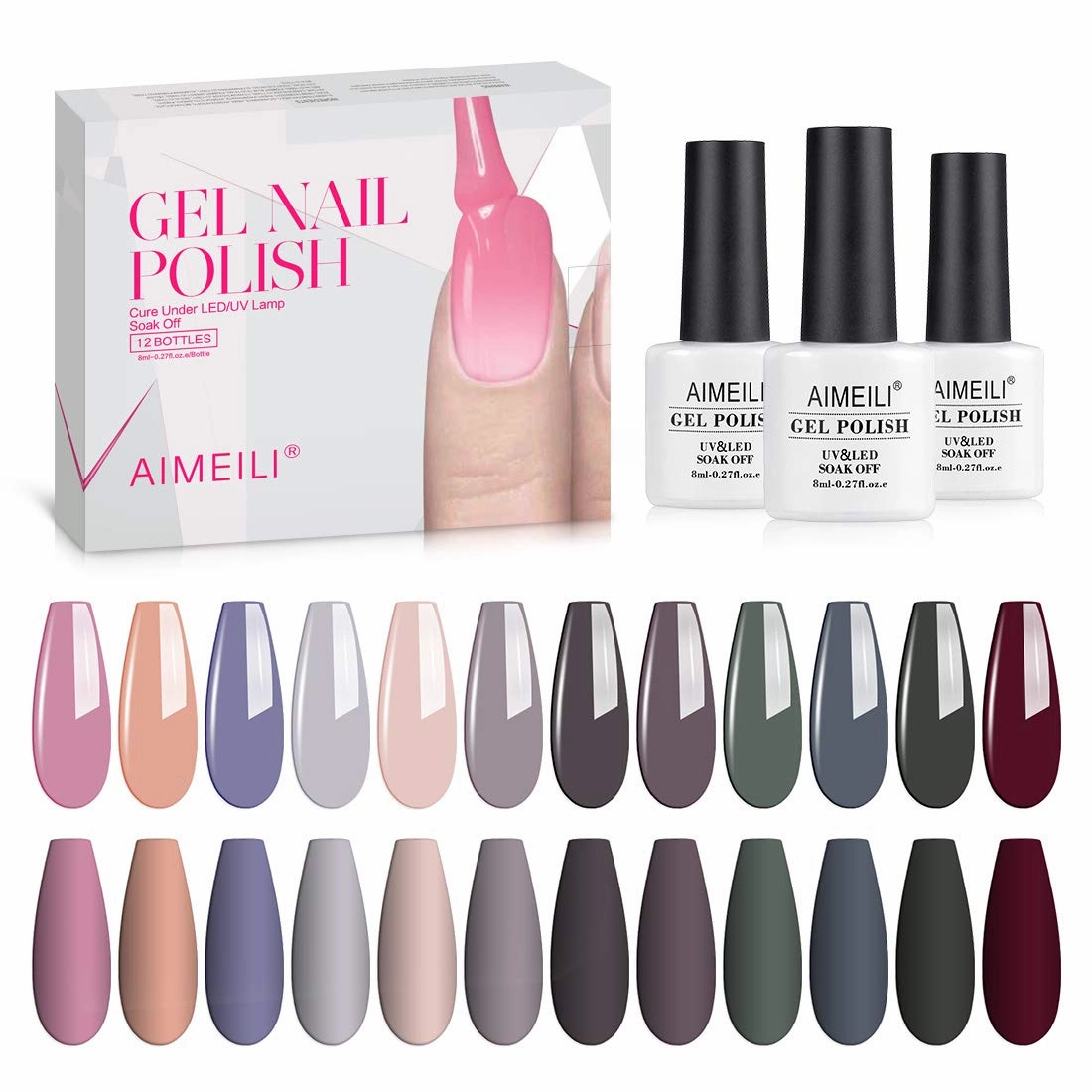 AIMEILI Soak Off Neutral Gel Nail Polish Color for Mother's Day U V LED Nude Brown Pink Red Gel Set Of 12pcs X 8ml - Kit Set 2