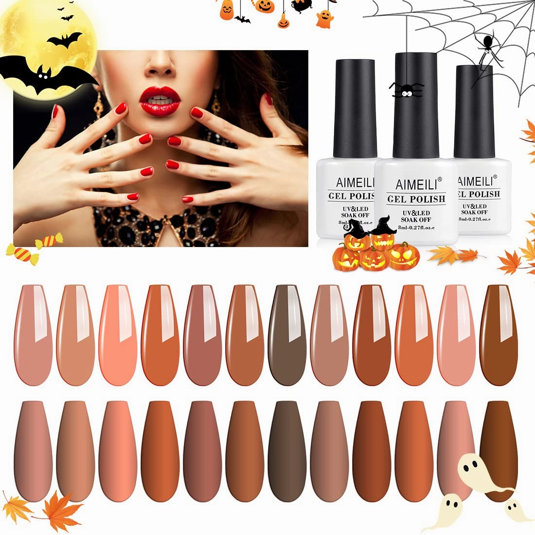 AIMEILI Soak Off U V LED Nude Brown Gel Nail Polish Color, Nudes Neutral Color Gel Kit for Halloween Nail Art Gifts for Women Mother Gift Set Of 12pcs X 8ml - Kit Set 1