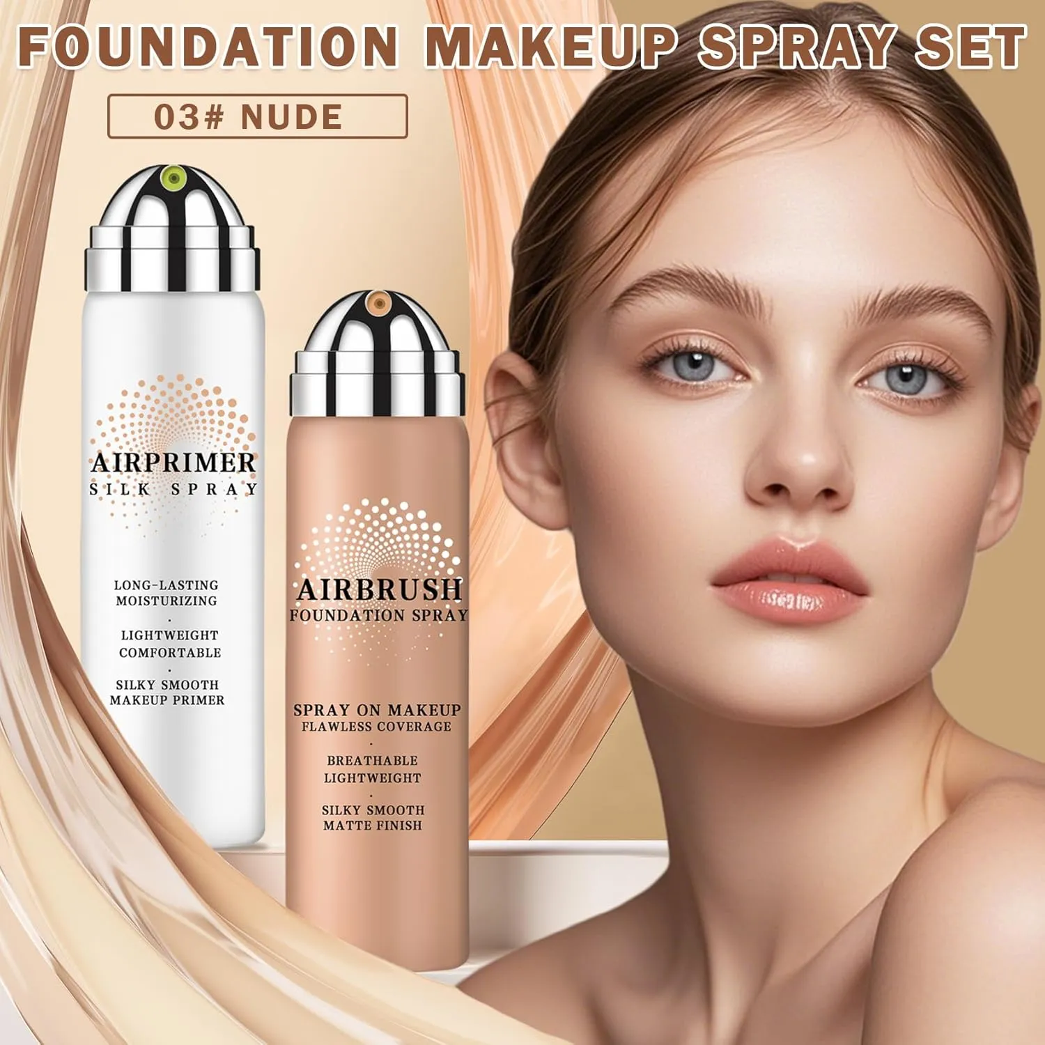 Air Brush Makeup Foundation Spray and Primer for Face Before Makeup,Silk Airbrush Flawless Setting Spray,Waterproof,with Brush and 2 Powder Puffs (03 Nude)