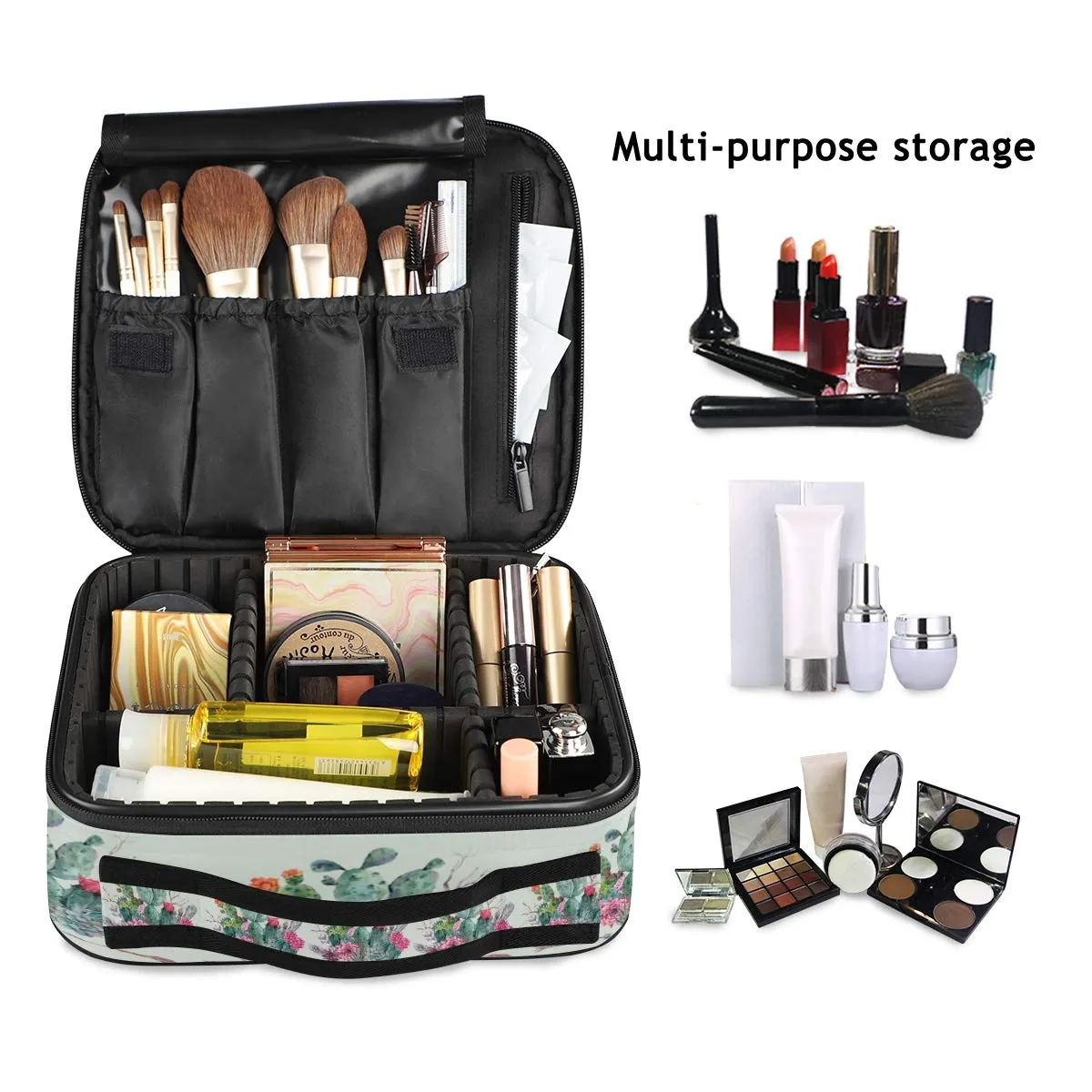 ALAZA Makeup Case Cactus Flowers Arrows Cosmetic Bag Organizer Travel Portable Storage Toiletry Bag Makeup Train Case with Adjustable Dividers for Women