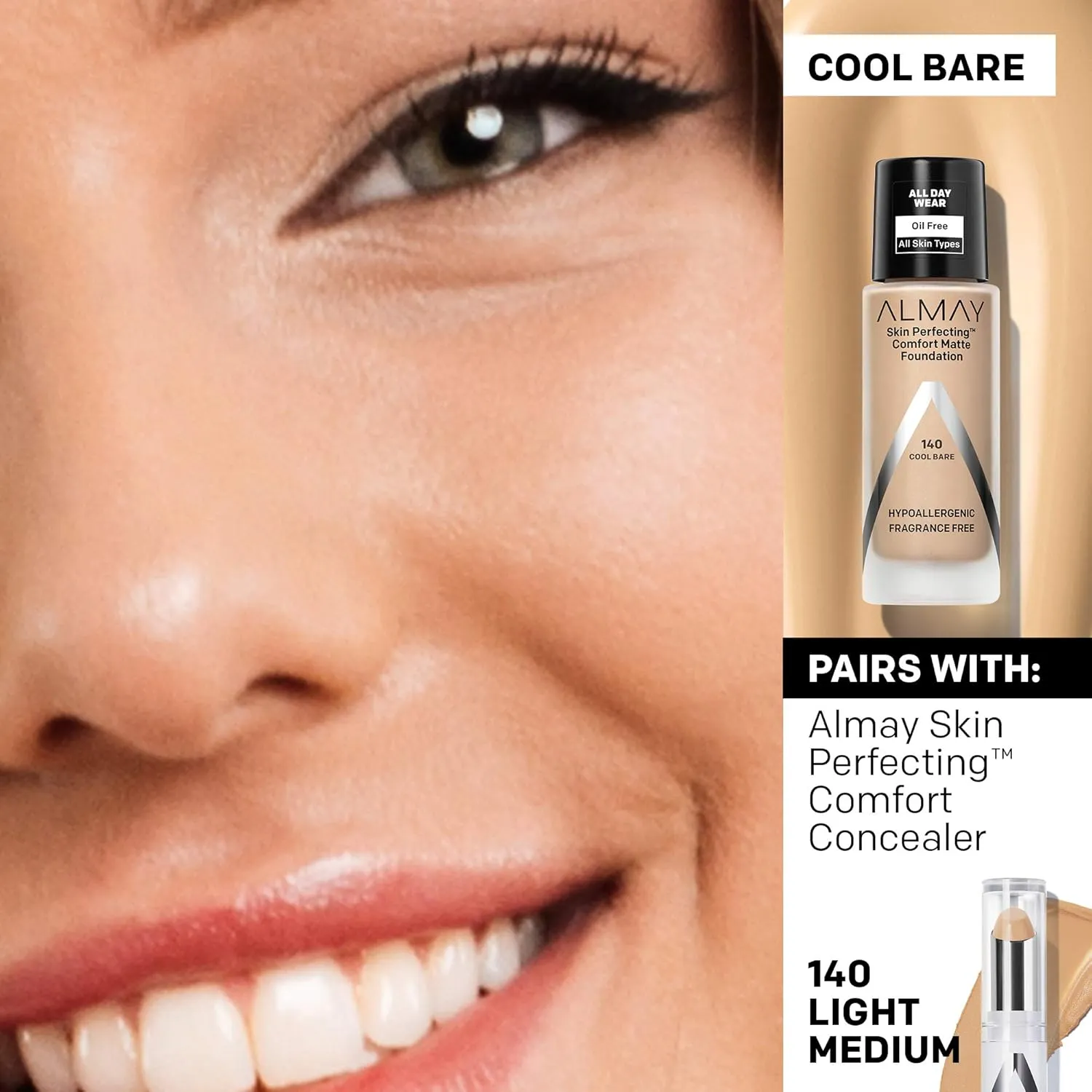 Almay Skin Perfecting Comfort Matte Foundation Liquid Makeup, Hypoallergenic, Cruelty- & Fragrance-Free, Dermatologist-Tested, 140 Cool Bare, 1 fl oz