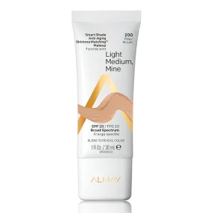Almay Smart Shade Anti-Aging Skintone Matching Makeup, Medium Coverage Natural Finish Foundation with SPF 20, Hypoallergenic, Dermatologist Tested, 200 Light Medium Mine, 1 oz