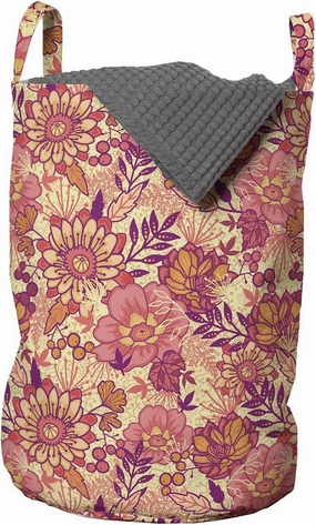 Ambesonne Purple Rose Laundry Bag, Flowers Spring Awakening Lawn Floral Pattern Blossomy Romance, Hamper Basket with Handles Drawstring Closure for Laundromats, 13" x 19", Peach Coral and Dark Magenta