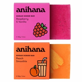 ANIHANA Sugar Scrub Exfoliating Soap Bars 2 Pack with Coconut Oil, Moisturizing, Exfoliating Body Scrub, Raspberry Vanilla & Peach Smoothie, 3.6 oz each