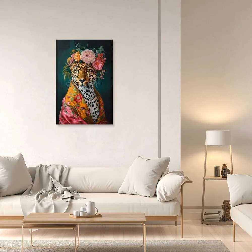 Animal Leopard Wall Art Fashions Pink Cheetah Wall Art Fun Colorful Floral Crown Leopard Poster Funny Animal Cheetah Portrait Painting Jungle Animal Flowers Picture Canvas Print 8x12inch Framed
