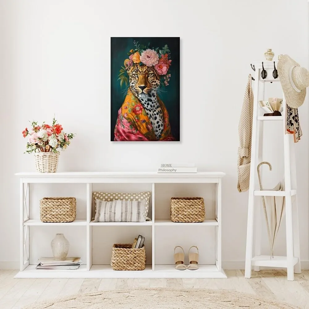 Animal Leopard Wall Art Fashions Pink Cheetah Wall Art Fun Colorful Floral Crown Leopard Poster Funny Animal Cheetah Portrait Painting Jungle Animal Flowers Picture Canvas Print 8x12inch Framed