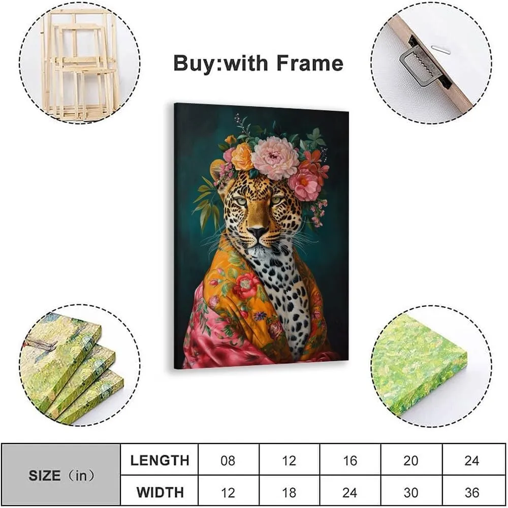 Animal Leopard Wall Art Fashions Pink Cheetah Wall Art Fun Colorful Floral Crown Leopard Poster Funny Animal Cheetah Portrait Painting Jungle Animal Flowers Picture Canvas Print 8x12inch Framed
