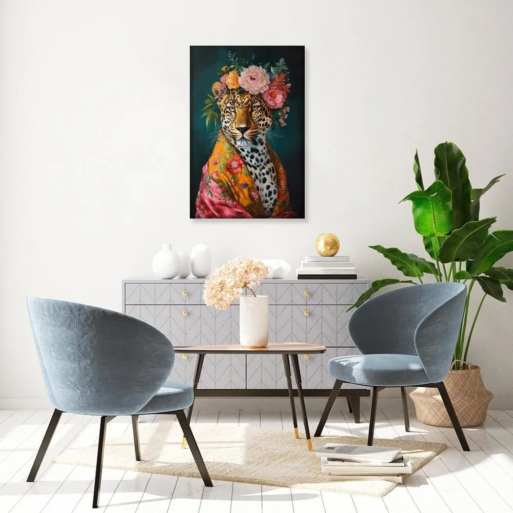 Animal Leopard Wall Art Fashions Pink Cheetah Wall Art Fun Colorful Floral Crown Leopard Poster Funny Animal Cheetah Portrait Painting Jungle Animal Flowers Picture Canvas Print 8x12inch Framed