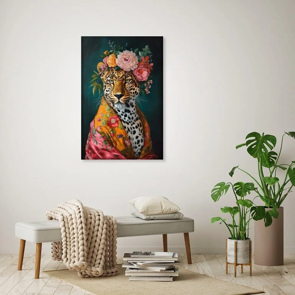 Animal Leopard Wall Art Fashions Pink Cheetah Wall Art Fun Colorful Floral Crown Leopard Poster Funny Animal Cheetah Portrait Painting Jungle Animal Flowers Picture Canvas Print 8x12inch Framed