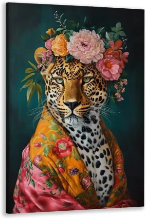 Animal Leopard Wall Art Fashions Pink Cheetah Wall Art Fun Colorful Floral Crown Leopard Poster Funny Animal Cheetah Portrait Painting Jungle Animal Flowers Picture Canvas Print 8x12inch Framed