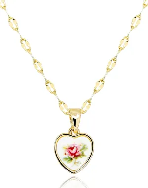 Antique Heart Pendant Necklace with Mirror Chain • Vintage Red Rose Flower Acrylic Resin Pendant • Oval Link Lip Chain Jewelry Gifts [HN-A-G]