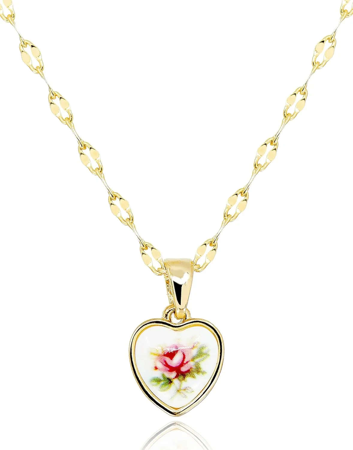 Antique Heart Pendant Necklace with Mirror Chain • Vintage Red Rose Flower Acrylic Resin Pendant • Oval Link Lip Chain Jewelry Gifts [HN-A-G]