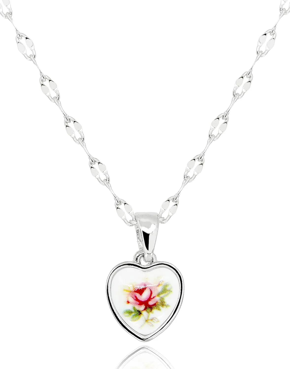Antique Heart Pendant Necklace with Mirror Chain • Vintage Red Rose Flower Acrylic Resin Pendant • Oval Link Lip Chain Jewelry Gifts [HN-A-S]