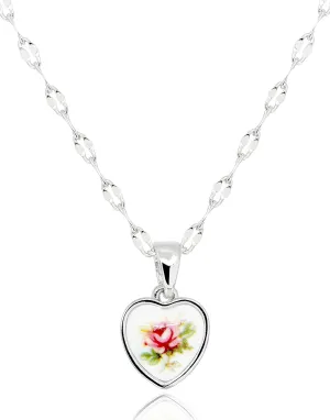 Antique Heart Pendant Necklace with Mirror Chain • Vintage Red Rose Flower Acrylic Resin Pendant • Oval Link Lip Chain Jewelry Gifts [HN-A-S]