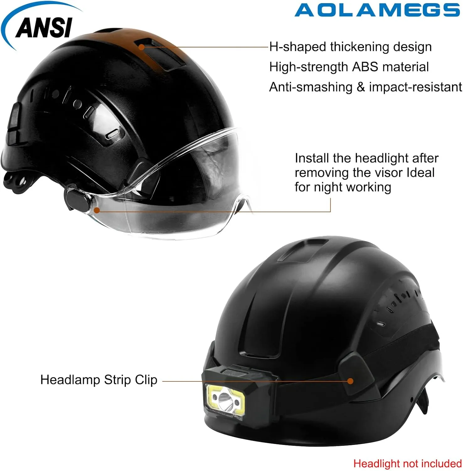 AOLAMEGS Construction Hard Hats for Men - ANSI Z89.1 OSHA Approved Safety Helmets, Black Hard Hat, Adjustable Vented Construction Hat with Clear Visor and Chin Strap, High Impact ABS Hardhats