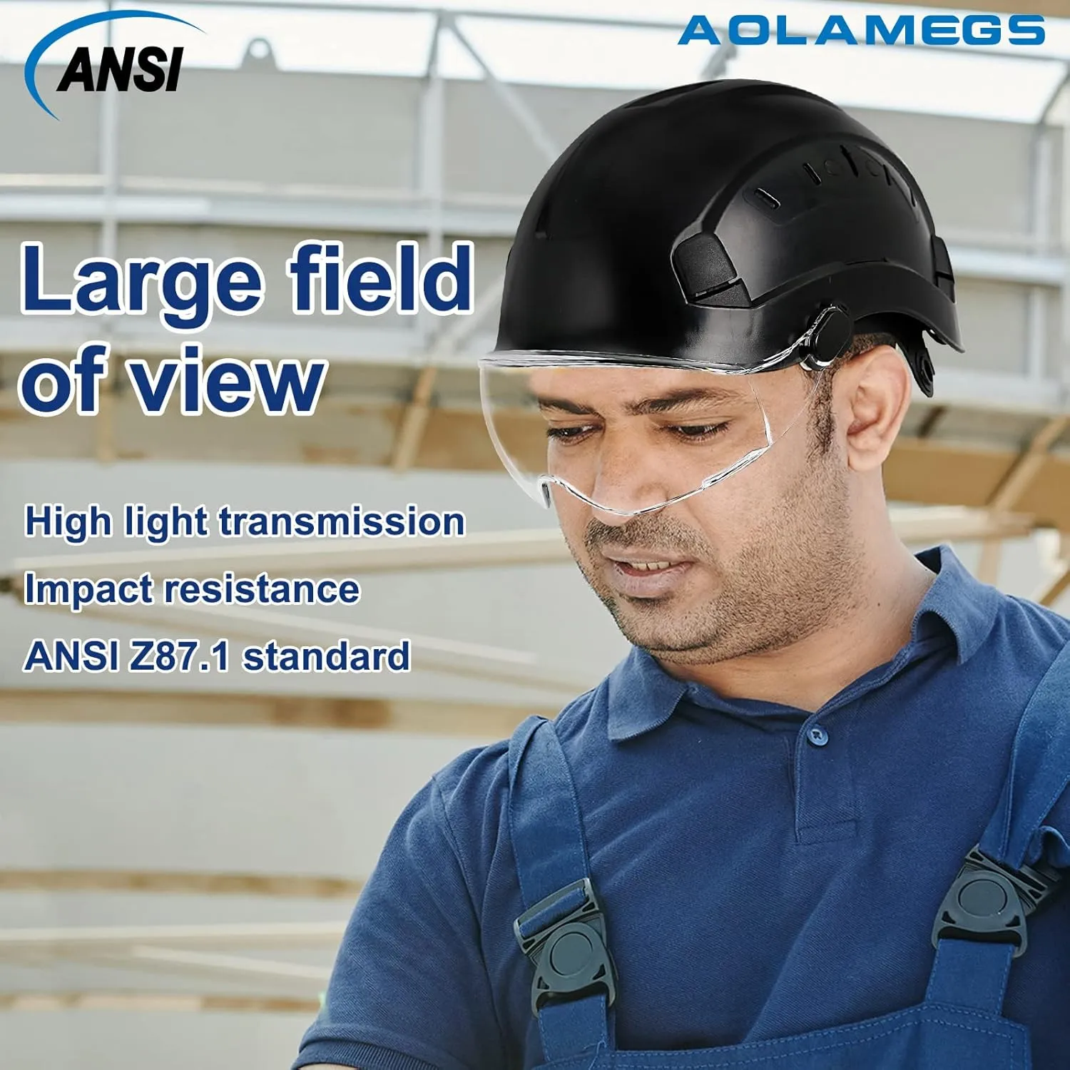 AOLAMEGS Construction Hard Hats for Men - ANSI Z89.1 OSHA Approved Safety Helmets, Black Hard Hat, Adjustable Vented Construction Hat with Clear Visor and Chin Strap, High Impact ABS Hardhats