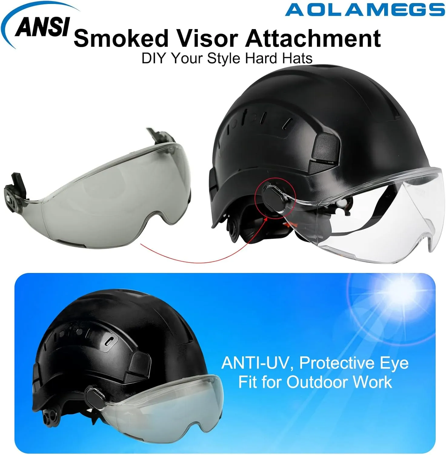 AOLAMEGS Construction Hard Hats for Men - ANSI Z89.1 OSHA Approved Safety Helmets, Black Hard Hat, Adjustable Vented Construction Hat with Clear Visor and Chin Strap, High Impact ABS Hardhats