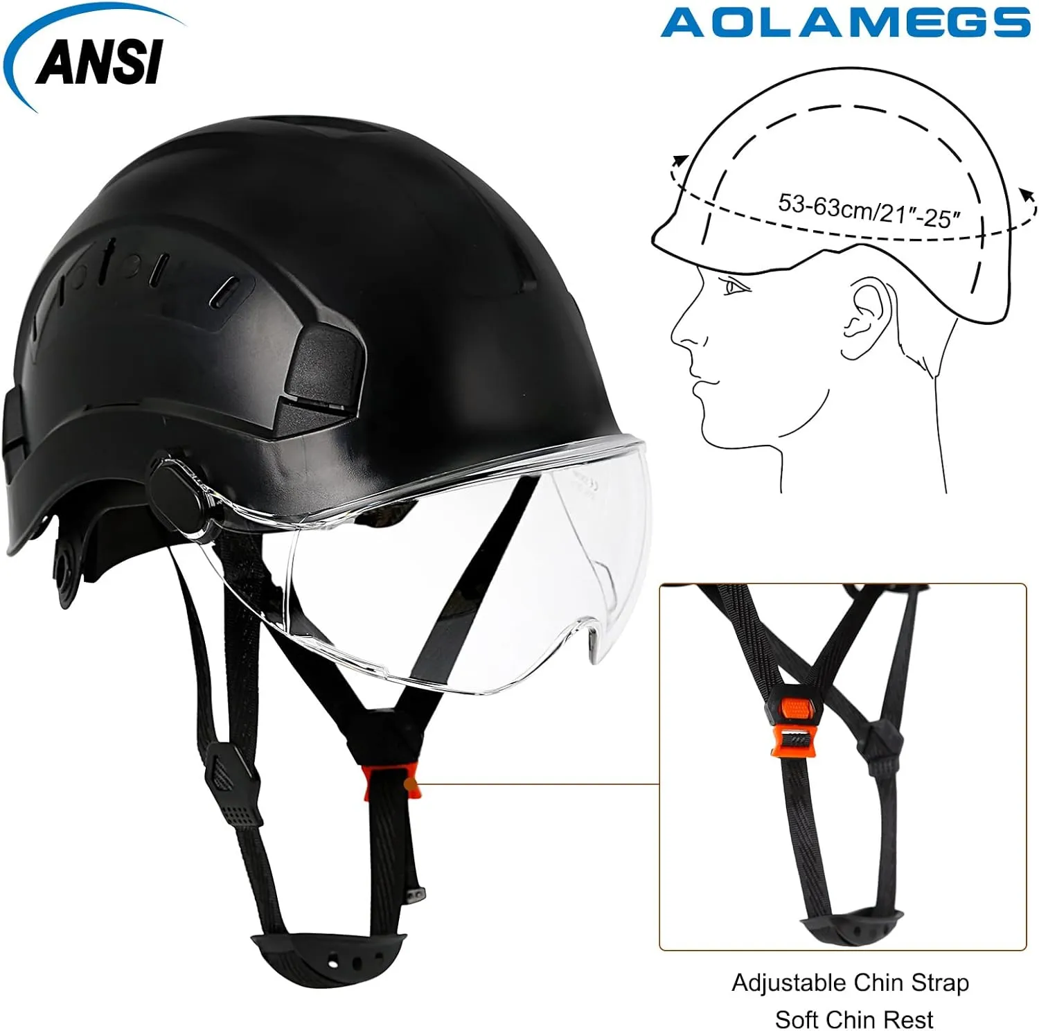 AOLAMEGS Construction Hard Hats for Men - ANSI Z89.1 OSHA Approved Safety Helmets, Black Hard Hat, Adjustable Vented Construction Hat with Clear Visor and Chin Strap, High Impact ABS Hardhats