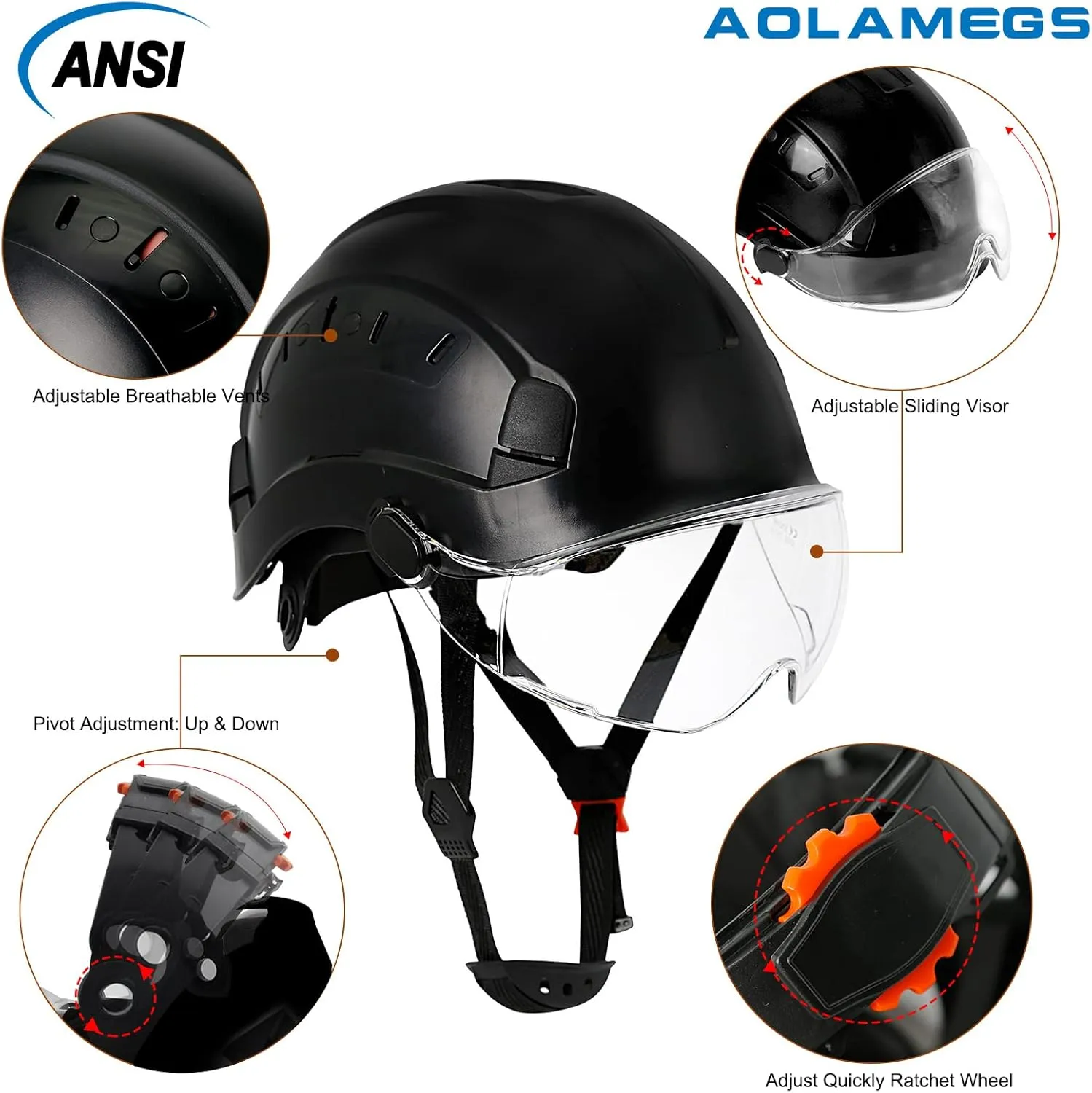 AOLAMEGS Construction Hard Hats for Men - ANSI Z89.1 OSHA Approved Safety Helmets, Black Hard Hat, Adjustable Vented Construction Hat with Clear Visor and Chin Strap, High Impact ABS Hardhats