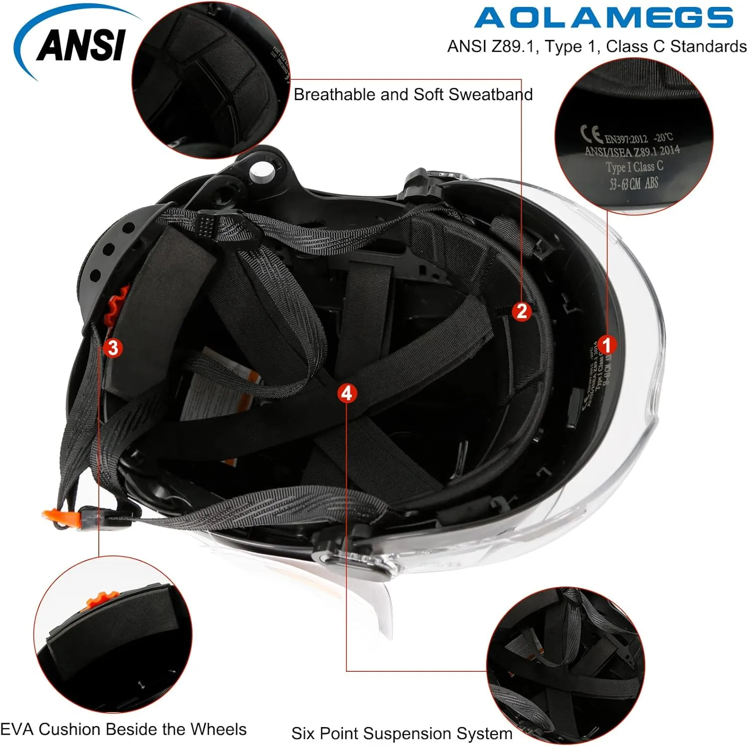 AOLAMEGS Construction Hard Hats for Men - ANSI Z89.1 OSHA Approved Safety Helmets, Black Hard Hat, Adjustable Vented Construction Hat with Clear Visor and Chin Strap, High Impact ABS Hardhats