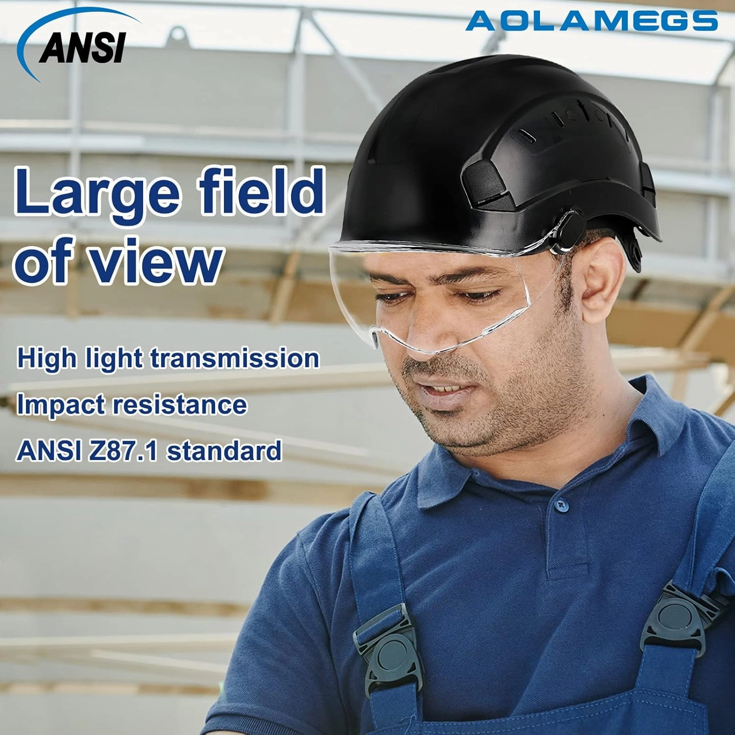 AOLAMEGS Construction Hard Hats for Men - ANSI Z89.1 OSHA Approved Safety Helmets, Black Hard Hat, Adjustable Vented Construction Hat with Clear Visor and Chin Strap, High Impact ABS Hardhats