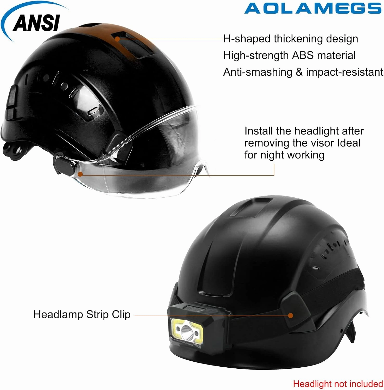 AOLAMEGS Construction Hard Hats for Men - ANSI Z89.1 OSHA Approved Safety Helmets, Black Hard Hat, Adjustable Vented Construction Hat with Clear Visor and Chin Strap, High Impact ABS Hardhats