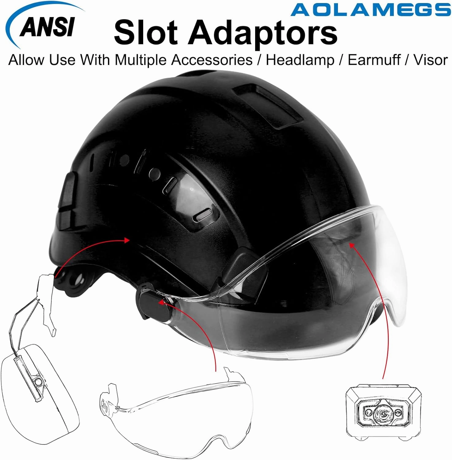 AOLAMEGS Construction Hard Hats for Men - ANSI Z89.1 OSHA Approved Safety Helmets, Black Hard Hat, Adjustable Vented Construction Hat with Clear Visor and Chin Strap, High Impact ABS Hardhats