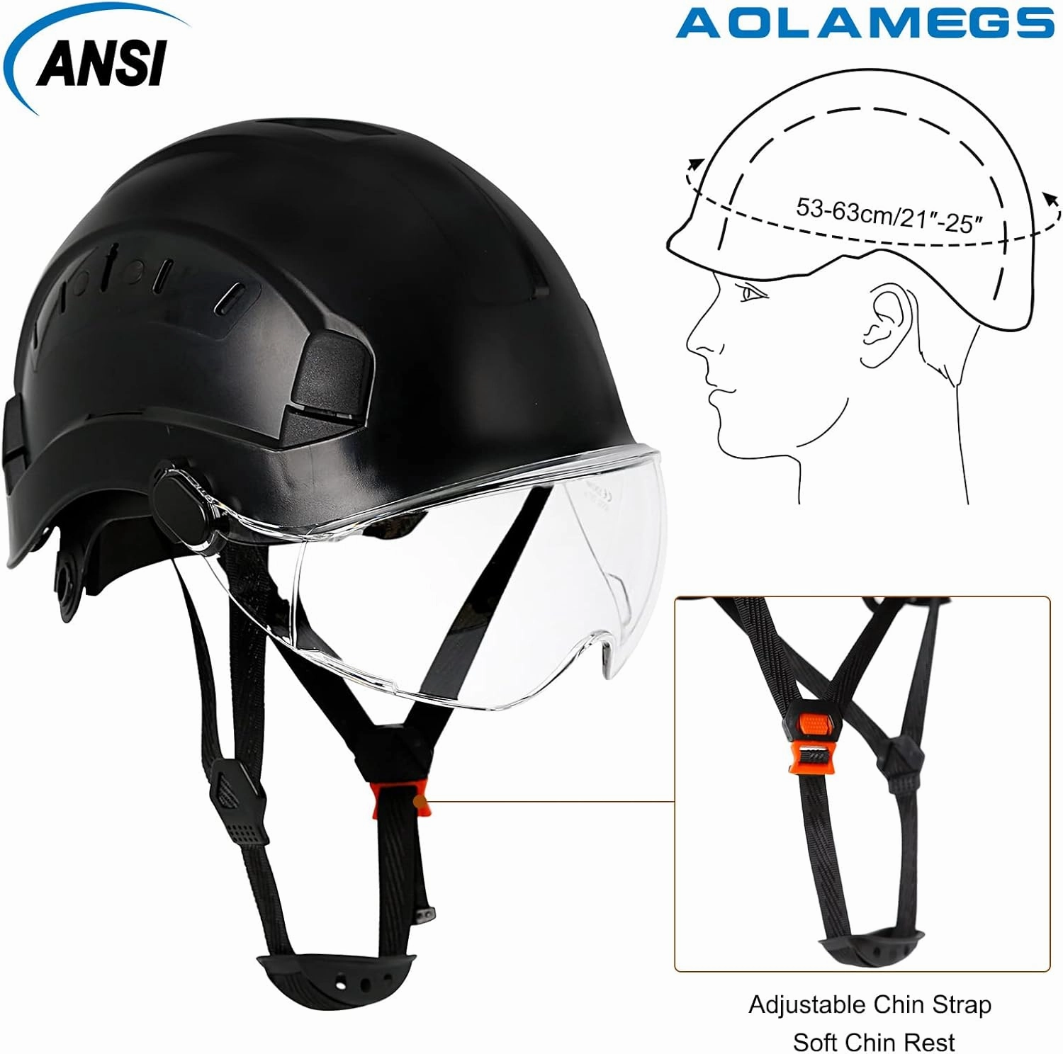 AOLAMEGS Construction Hard Hats for Men - ANSI Z89.1 OSHA Approved Safety Helmets, Black Hard Hat, Adjustable Vented Construction Hat with Clear Visor and Chin Strap, High Impact ABS Hardhats